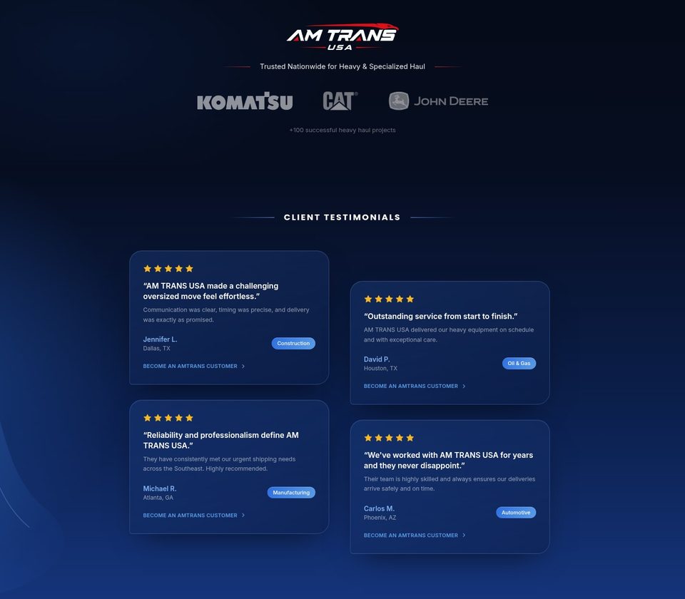 Home — brand-logo row and testimonial cards