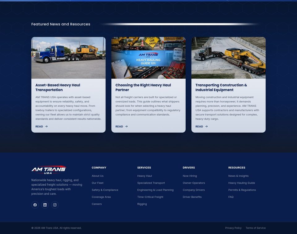 Home — news cards and footer