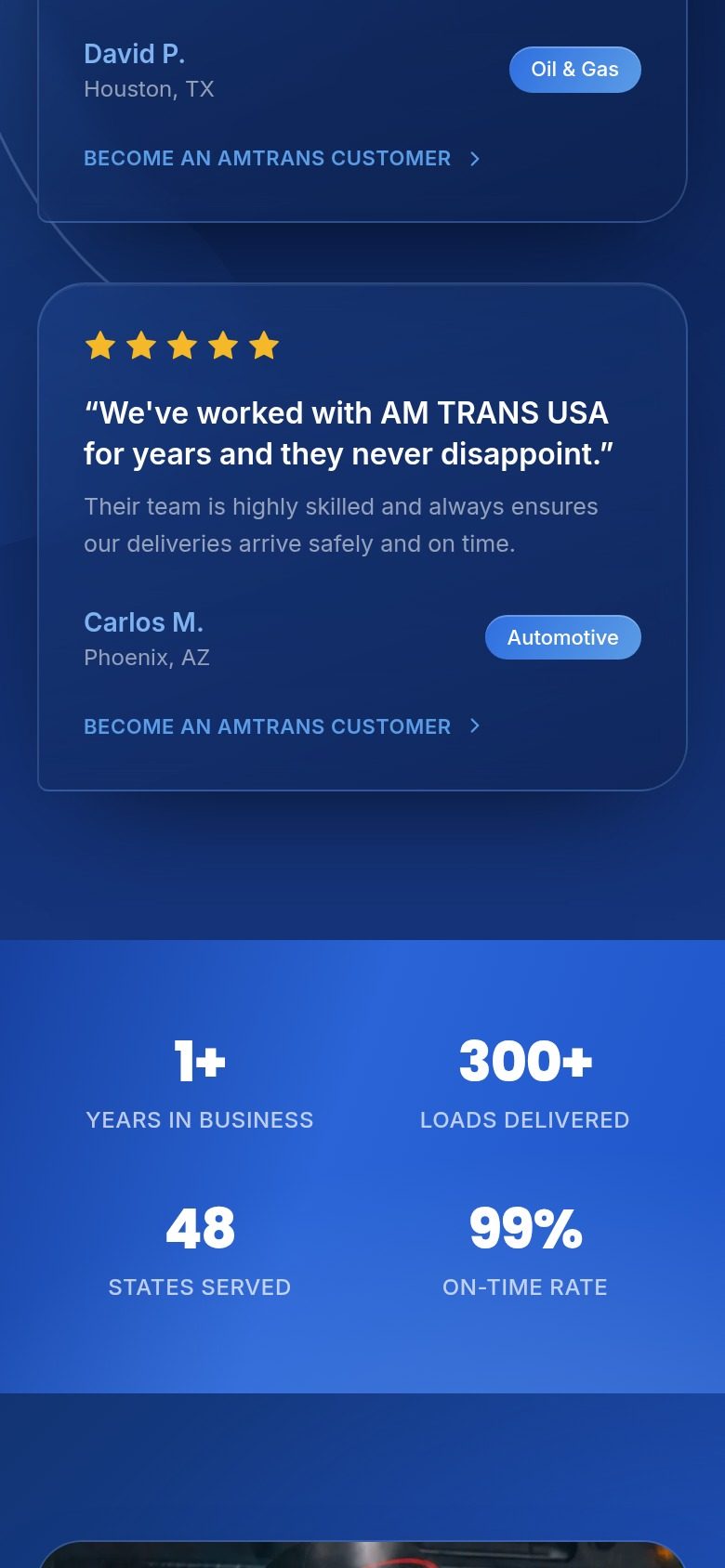 Mobile — testimonials and stats