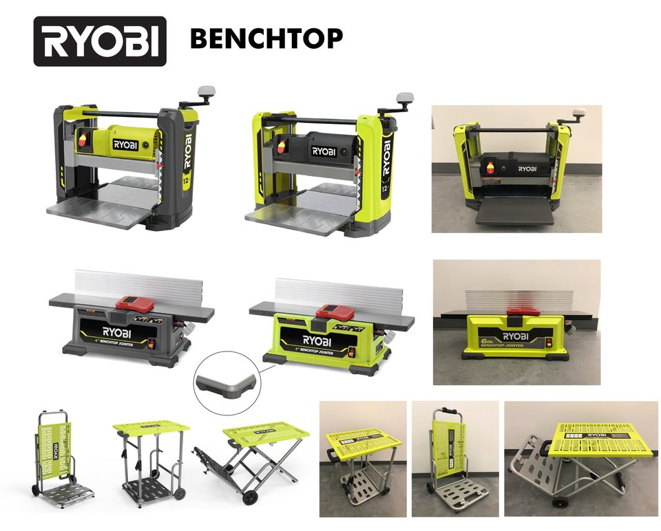 Board detail — Ryobi benchtop: planer, jointer with rubber-foot callout, stands