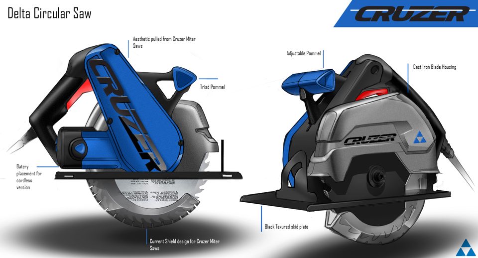Delta circular saw — Cruzer; pommel, blade housing, skid plate and battery callouts