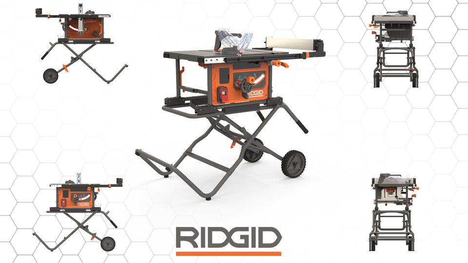 Portable table saw on rolling stand — multi-view