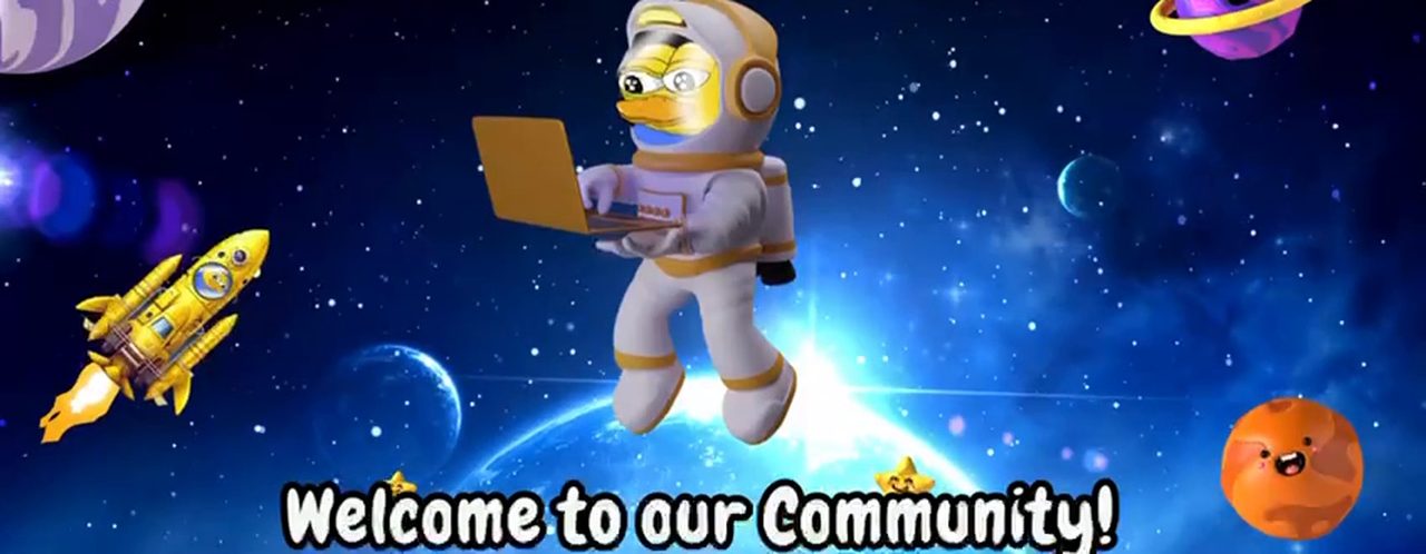 The Ducker: Welcome animation — astronaut Ducker floating past the planets